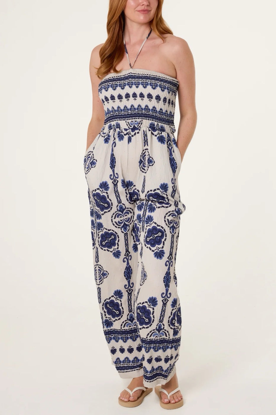 Bohemian Print Strapless Wide-Leg Jumpsuit - Navy