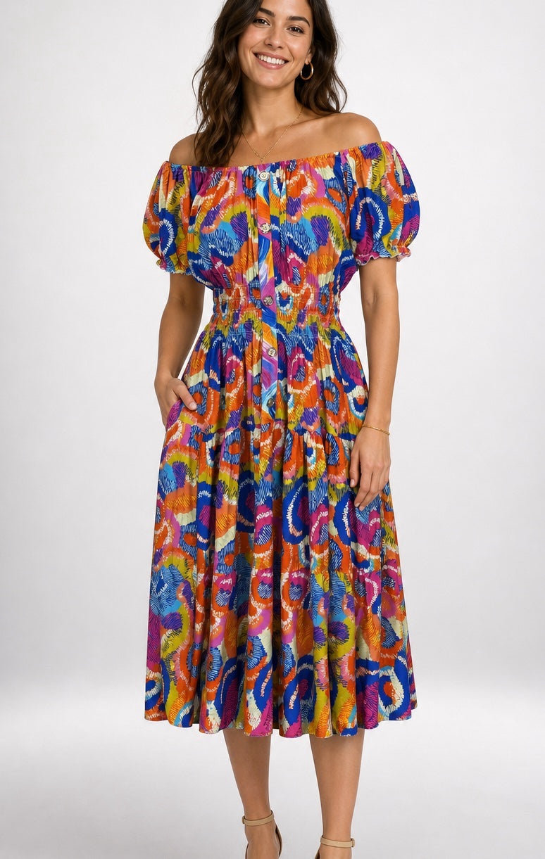 Abstract Print Off-the-Shoulder Midi Dress - Blue