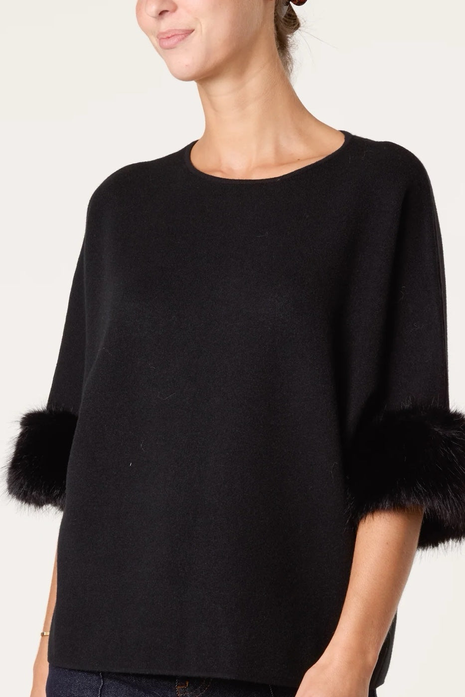 Faux Fur Trim Knit Jumper - Black