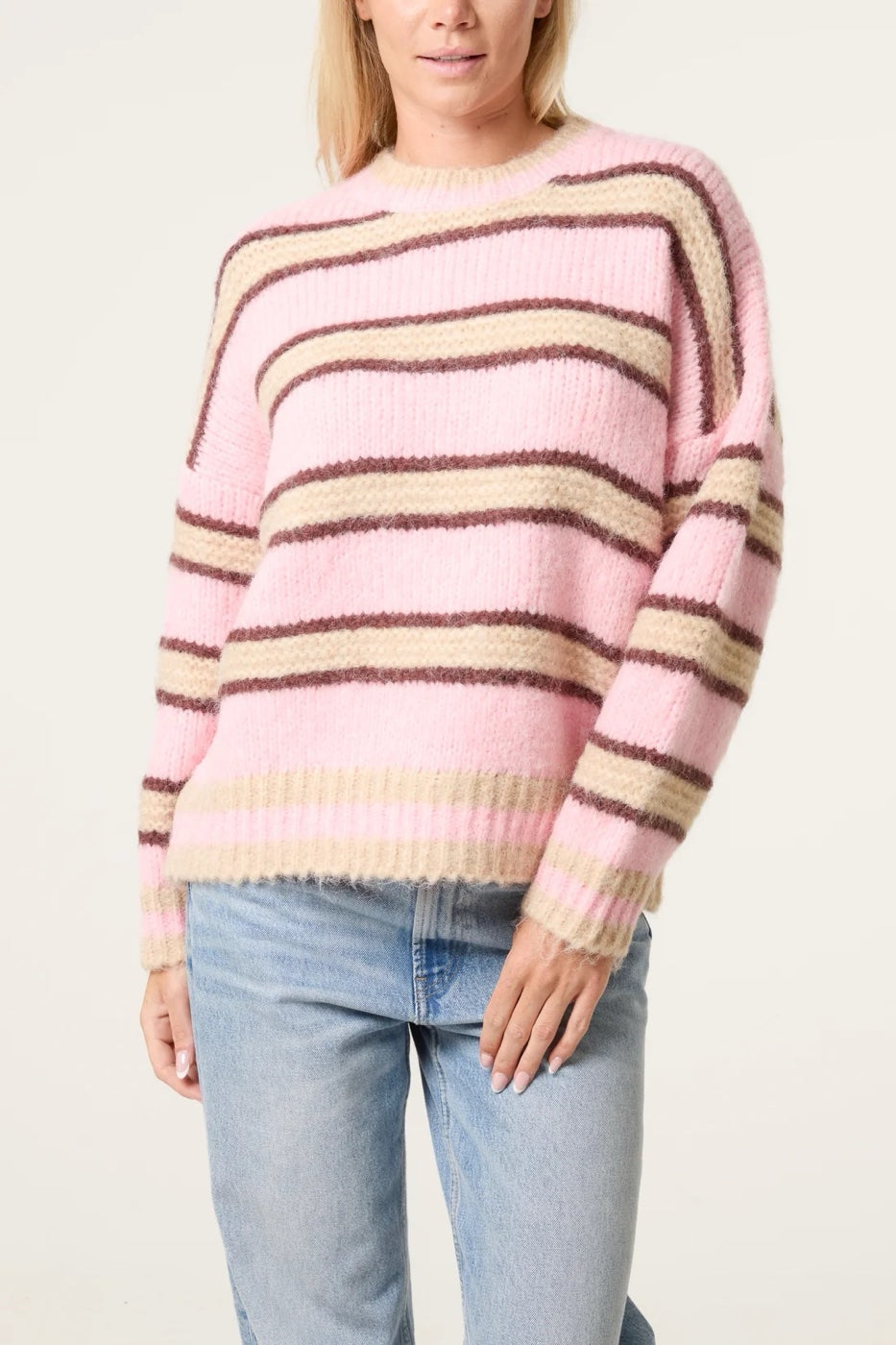 Striped Soft Knit Crew Neck Jumper - Pastel Pink (2)