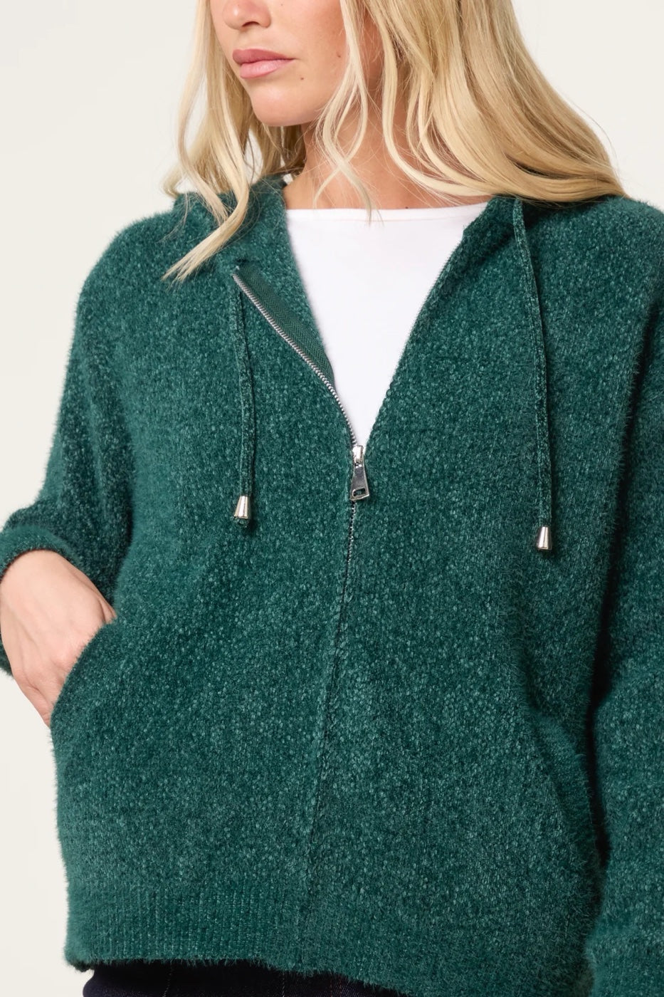 Textured Knit Zip Hoodie - Bottle Green