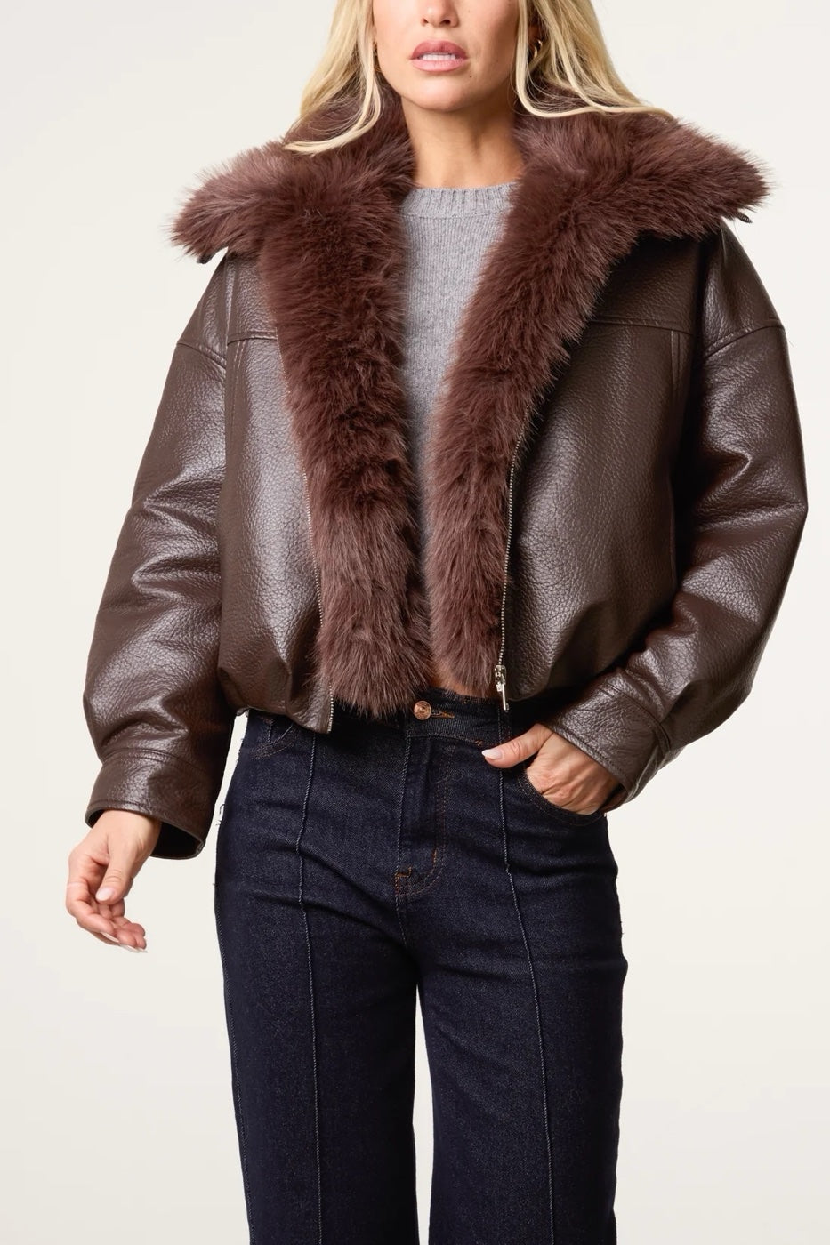 Faux Leather Bomber Jacket with Faux Fur Trim - Chocolate