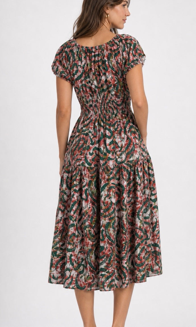 Colour Swirl Smocked Bodice Midi Dress - Red (2)