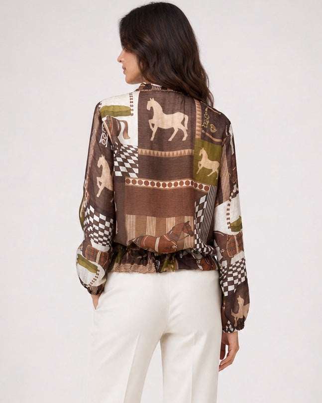 Equestrian Print Sheer Bomber Jacket - Chocolate (2)