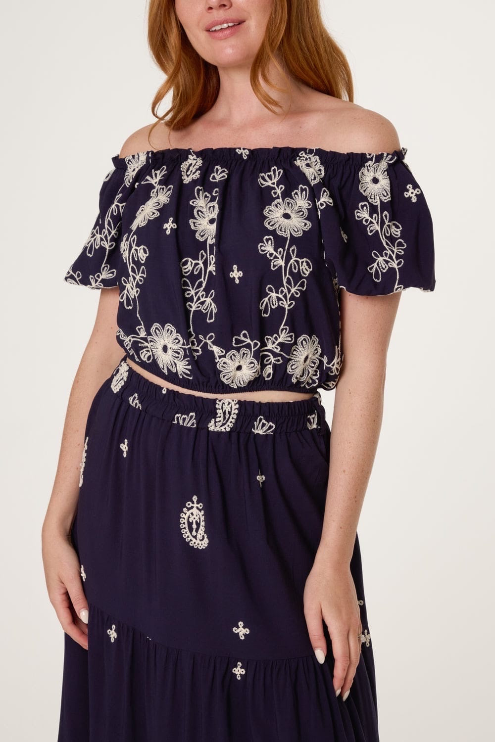Embroidered Off-the-Shoulder Crop Top and Tiered Maxi Skirt Set - Navy Blue (2)