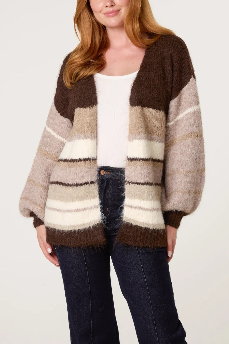Striped Knit Balloon Sleeve Cardigan - Chocolate