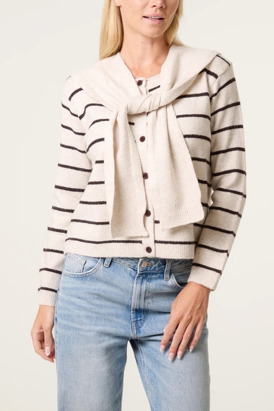Striped Tie-Neck Scarf Cardigan - Navy