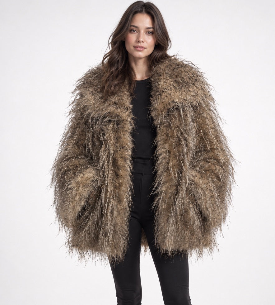 Shaggy Faux Fur Statement Jacket - Brown