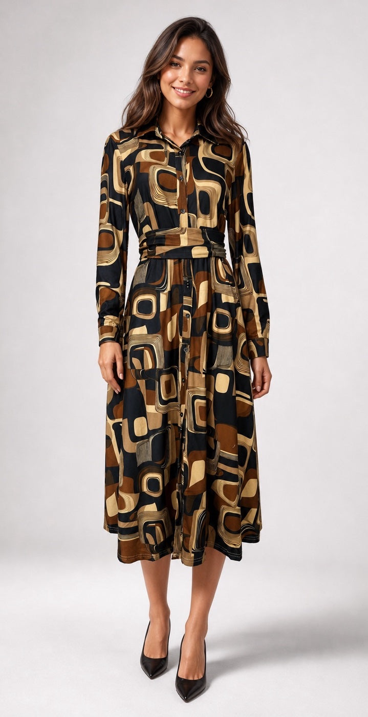Geometric Print Belted Midi Shirt Dress - Black