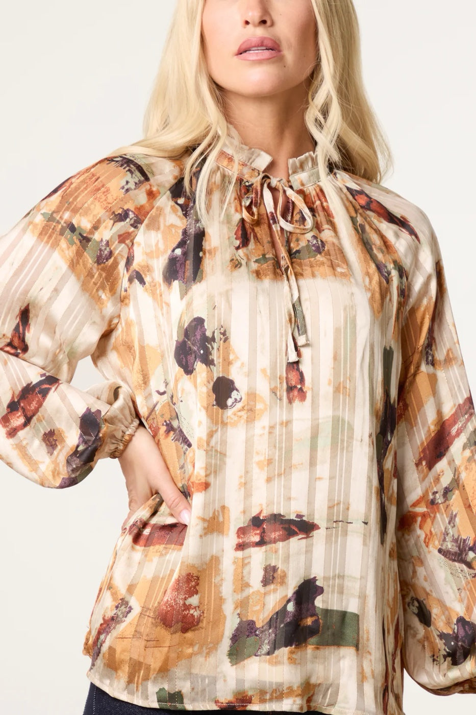 Abstract Print Tie-Neck Blouse - Stone (2)