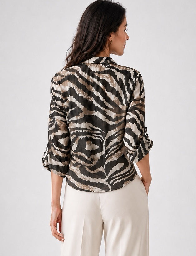 Zebra Print Tie-Waist Blouse - Black