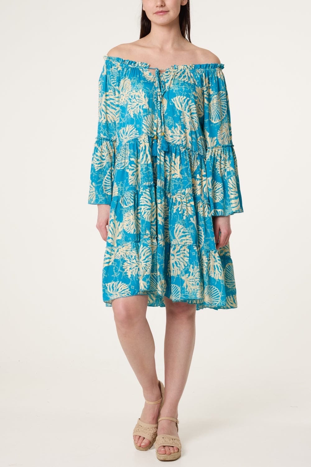Off-The-Shoulder Tiered Mini Dress - Bright Blue