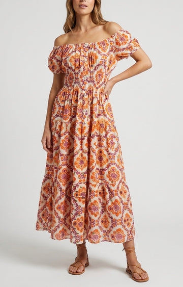 Bohemian Off-Shoulder Floral Maxi Dress - Orange