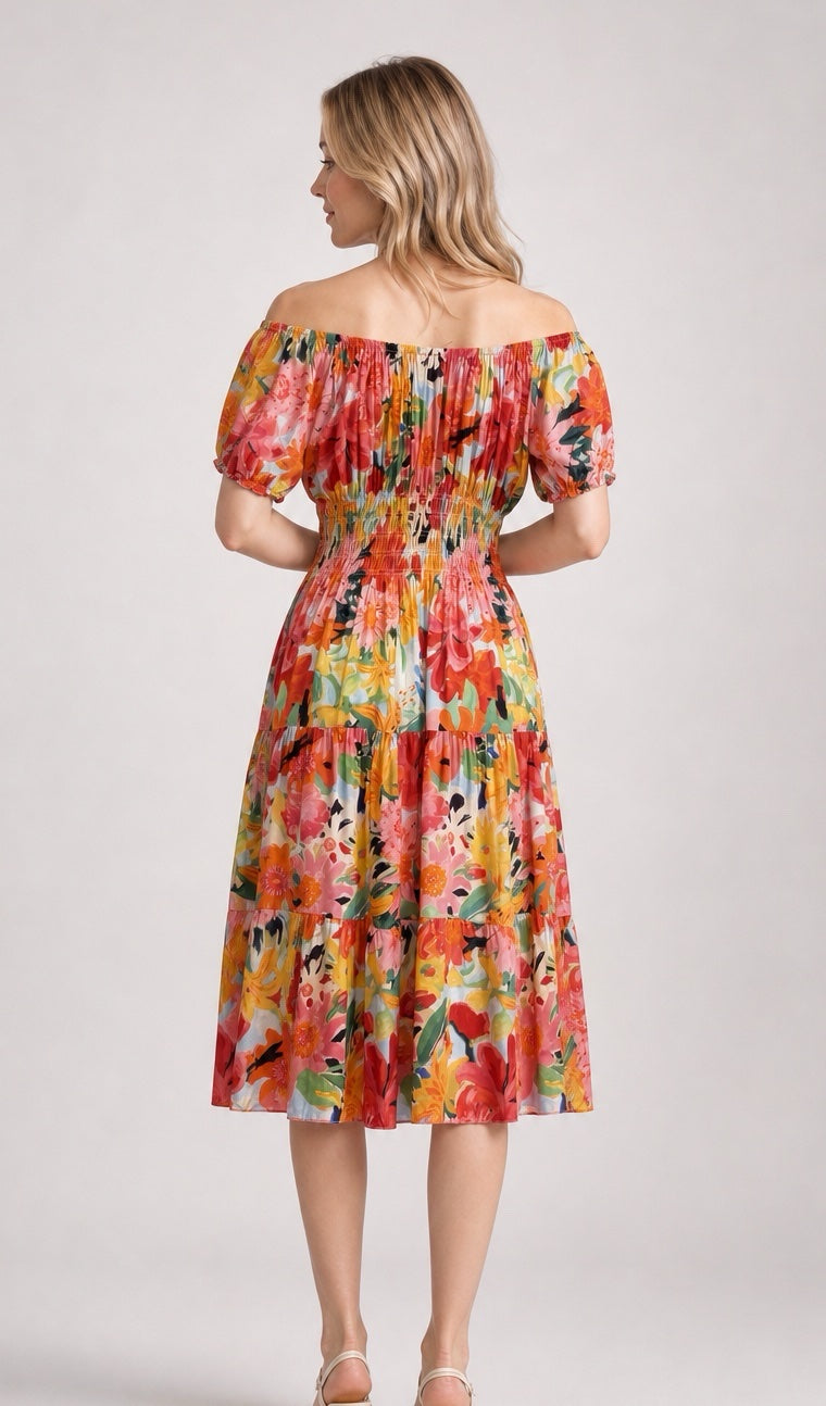 Coloured Leaf Off-Shoulder Midi Dress - Mixed Pack (2)