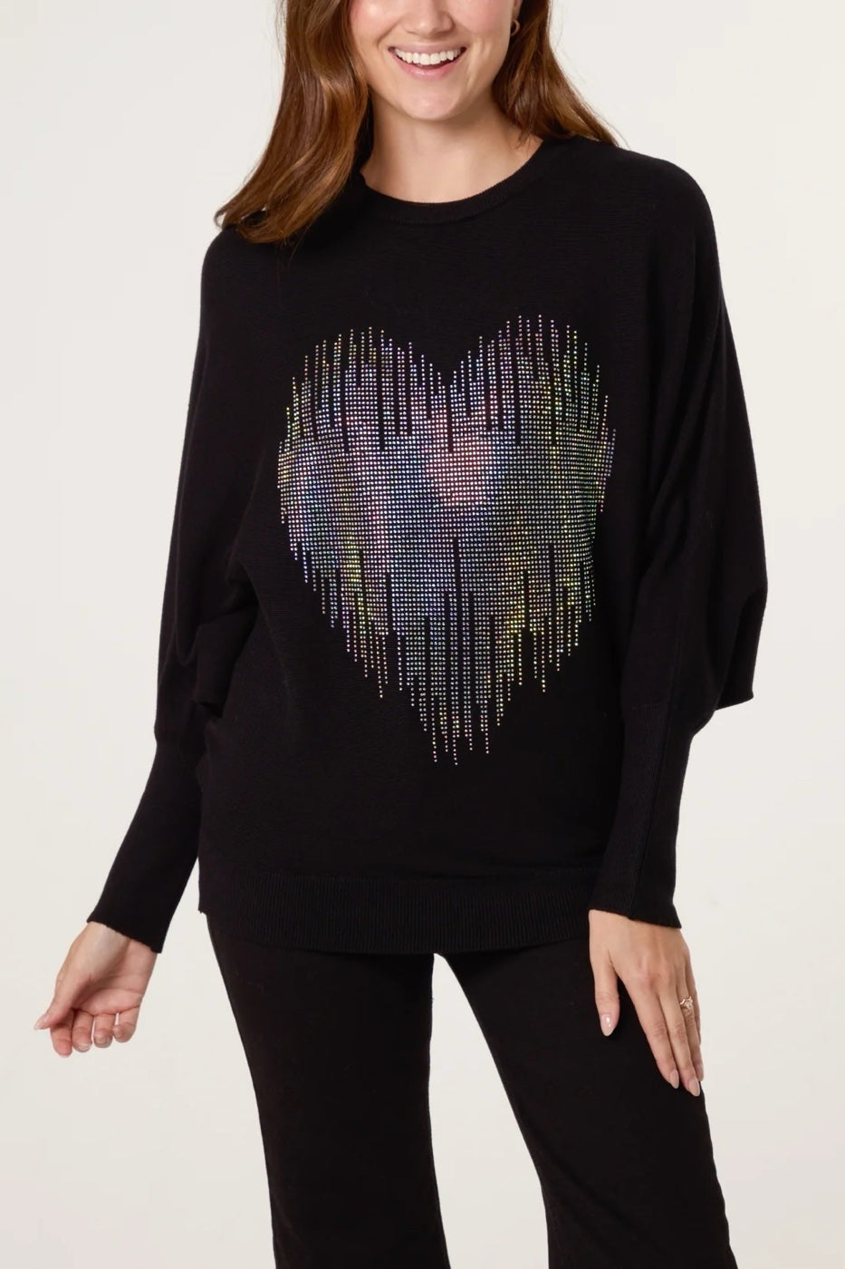 Rhinestone Heart Embellished Jumper - Black