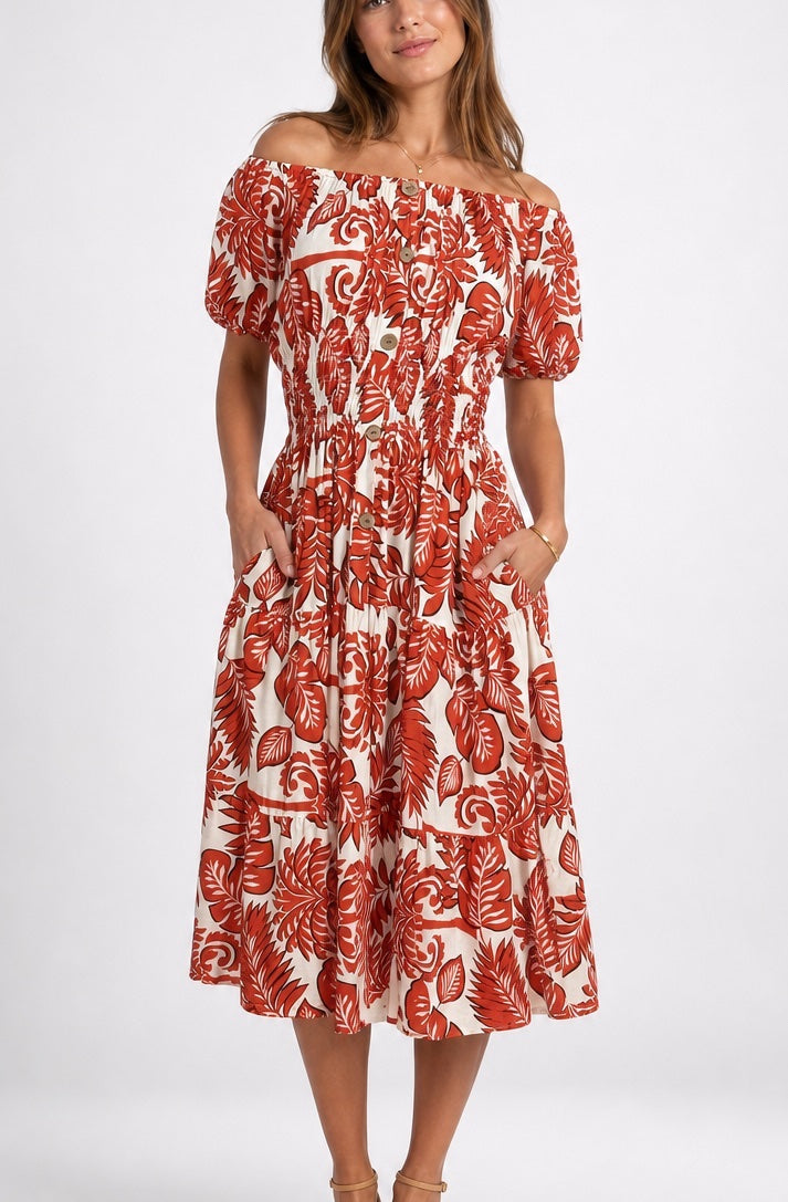 Floral Leaf Off-Shoulder Midi Dress - Mixed Pack