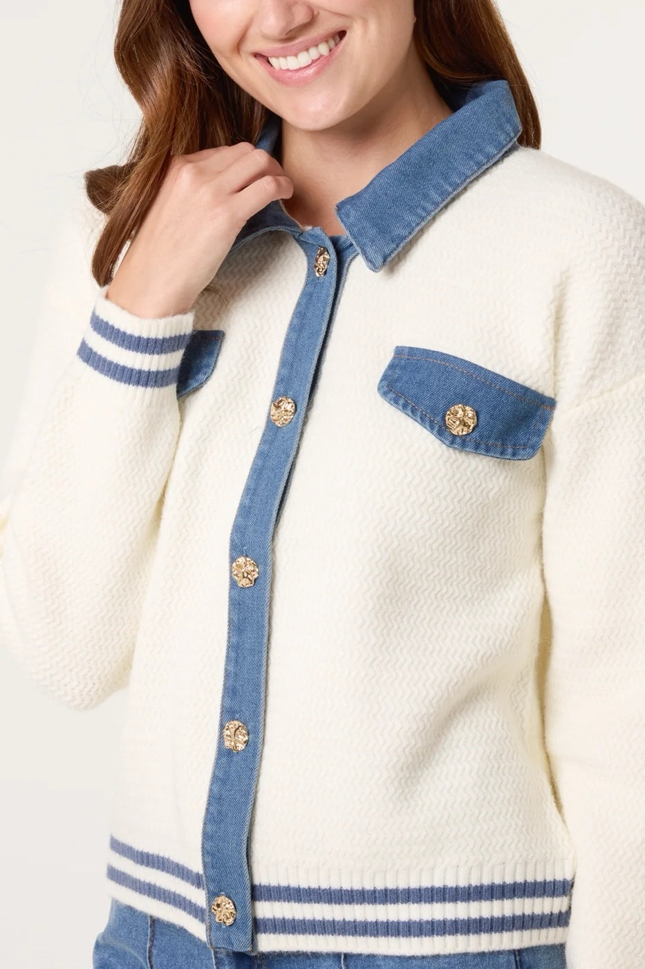 Textured Knit Cardigan with Denim Trim - Ivory