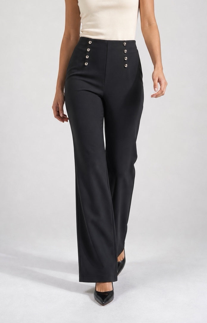 Sailor Button Wide Leg Trousers - Black
