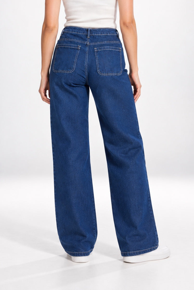 Reversed Pocket Wide-Leg Jeans - Indigo (2)