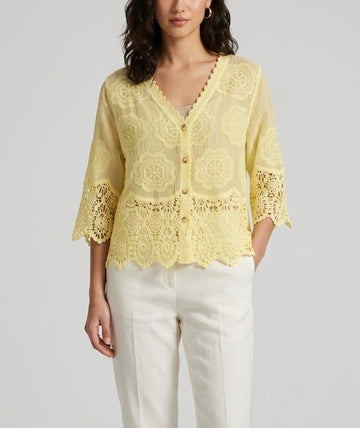 Embroidered Lace-Trimmed Blouse - Lemon