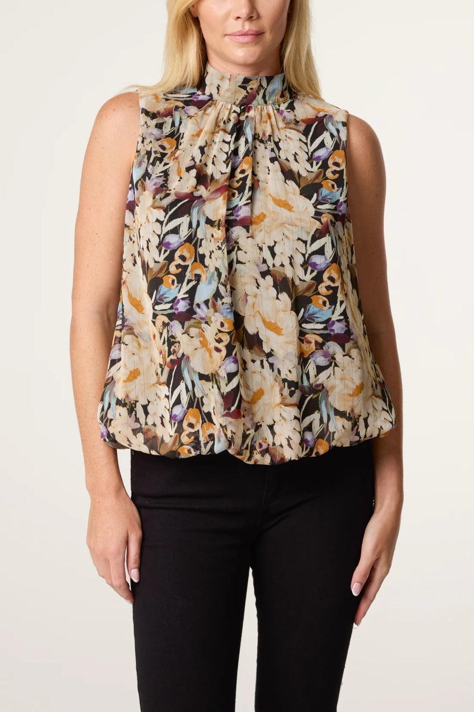 Gathered Neck Floral Blouse - Black