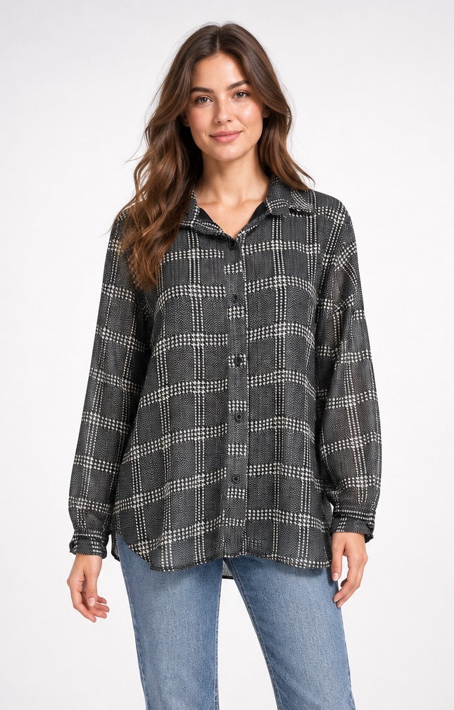 Textured Check Oversized Shirt - Black