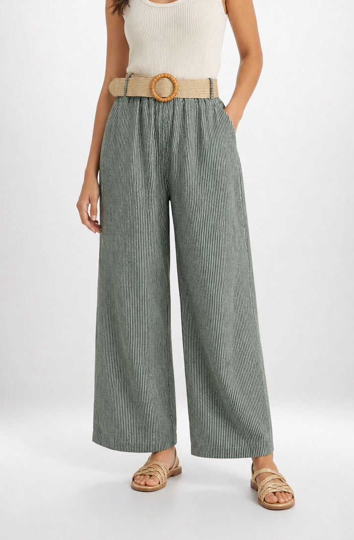 Wide-Leg Striped Trousers with Woven Belt - Mixed Pack