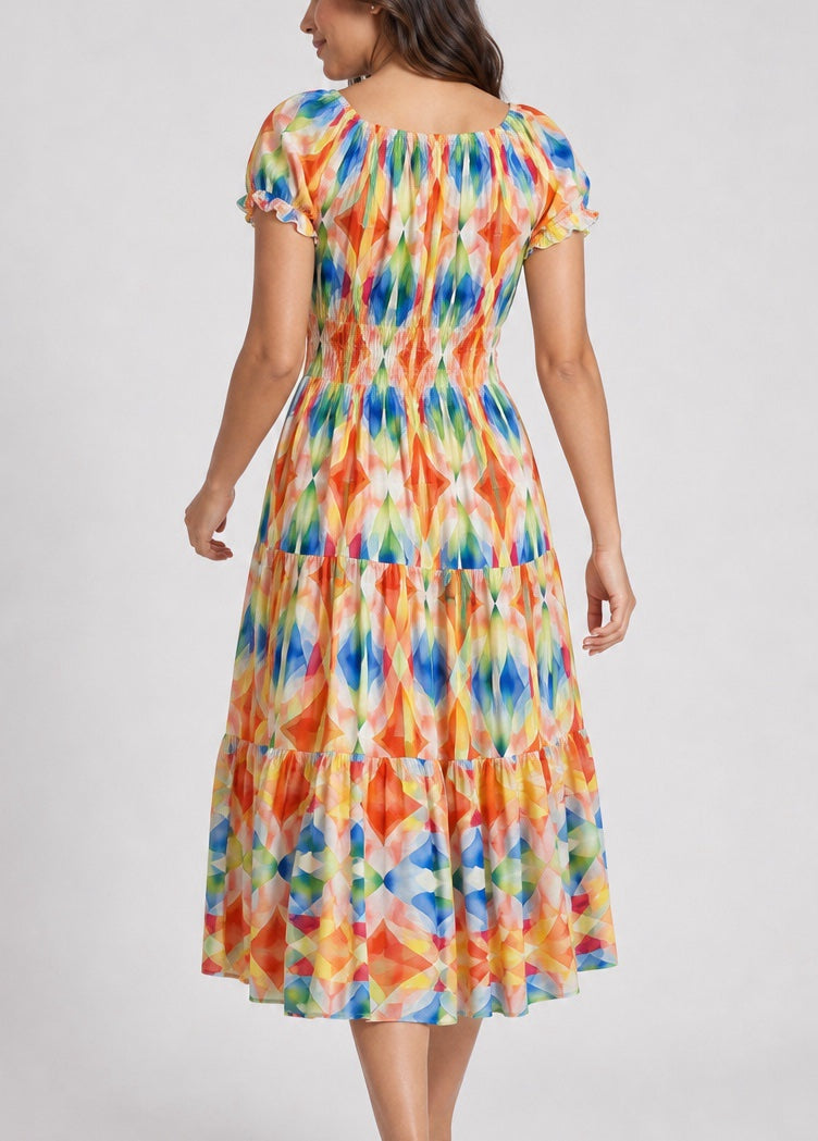 Tiered Midi Dress with Smocked Bodice - Bright Orange