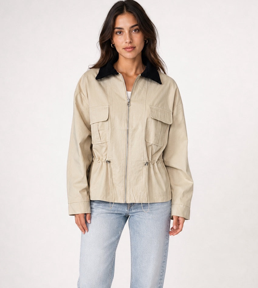 Utility Jacket with Corduroy Collar - Stone