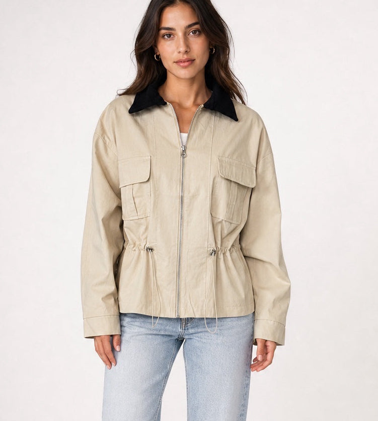 Utility Jacket with Corduroy Collar - Stone