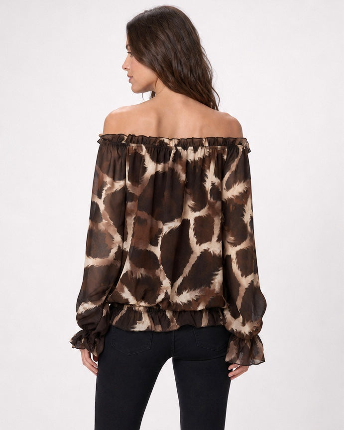 Animal Print Off-the-Shoulder Blouse - Chocolate (2)