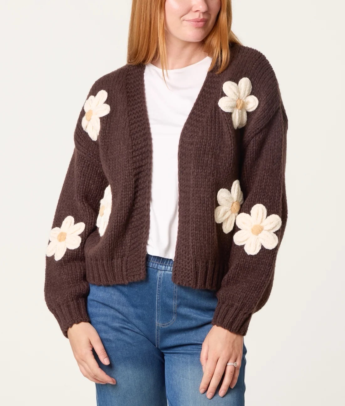Floral Appliqué Chunky Knit Cardigan - Chocolate