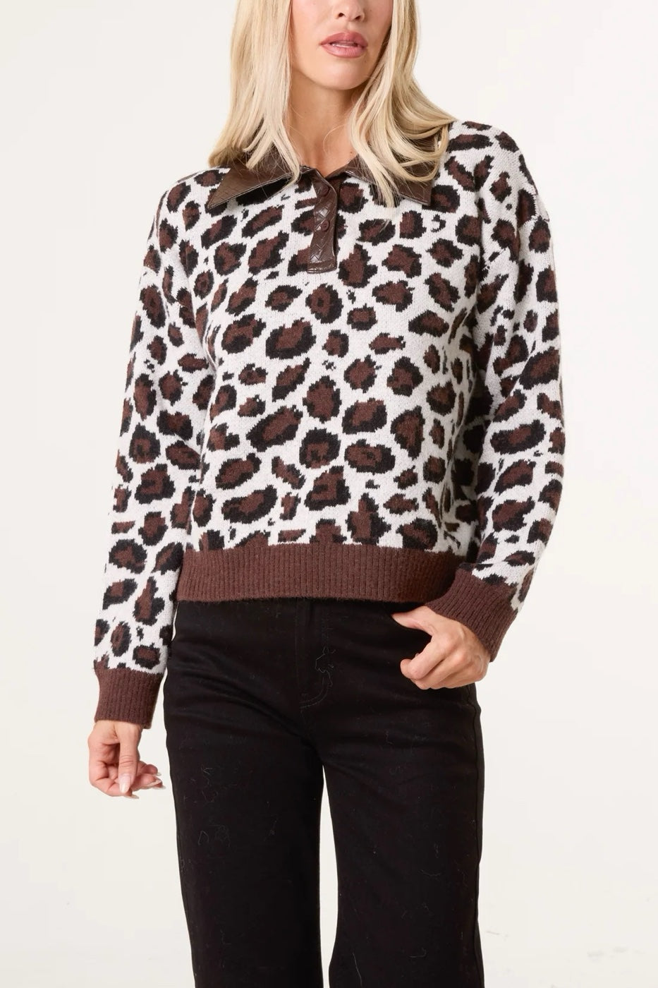 Leopard Print PU Collared Knit Sweater - Chocolate (2)