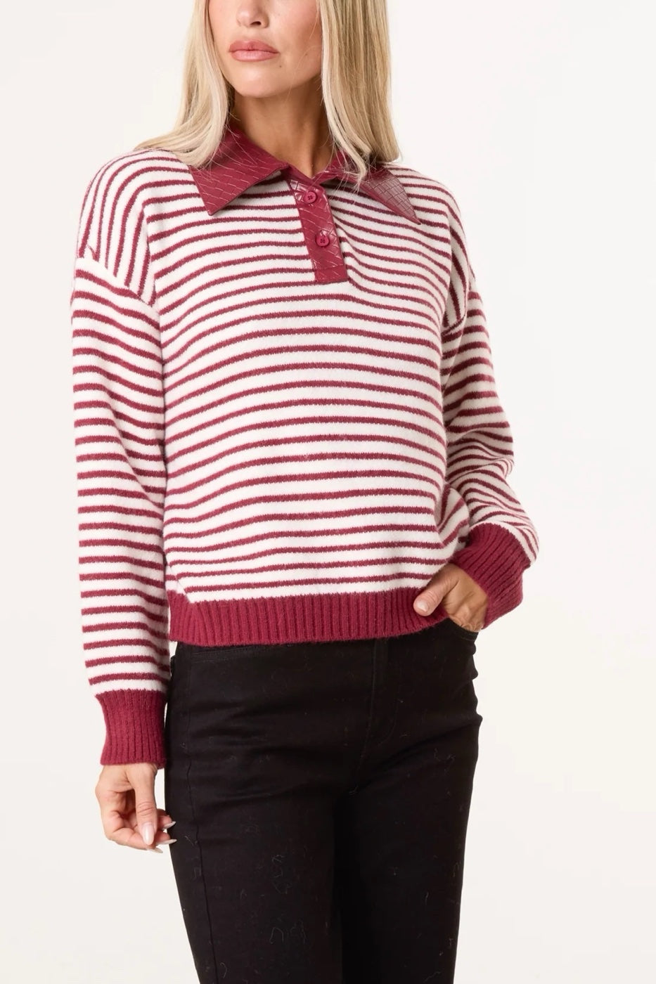 Striped Faux Leather Trim Sweater - Wine