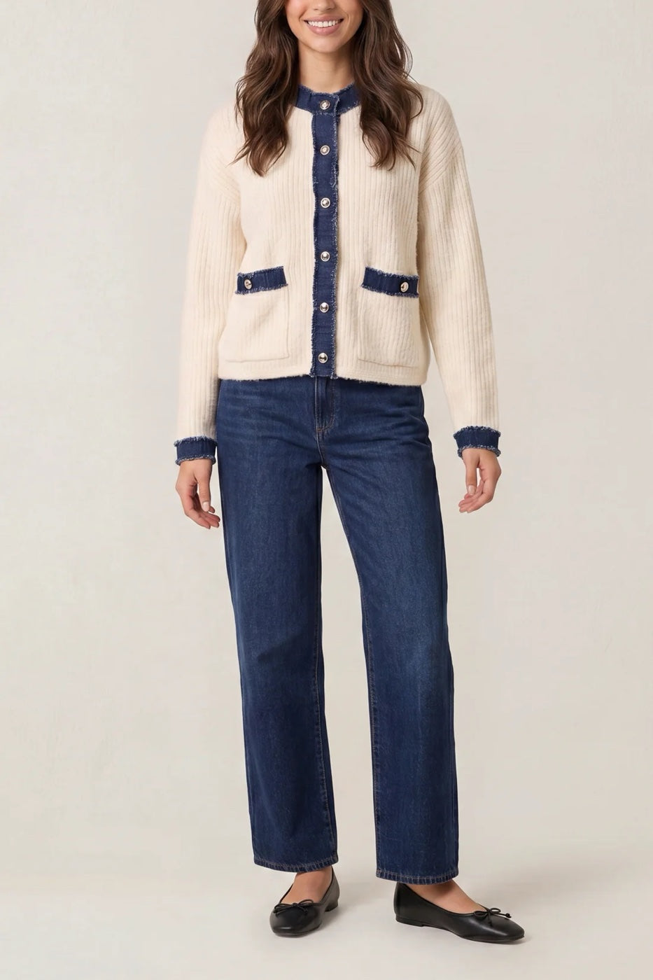 Denim Trim Ribbed Knit Cardigan - Ivory (2)