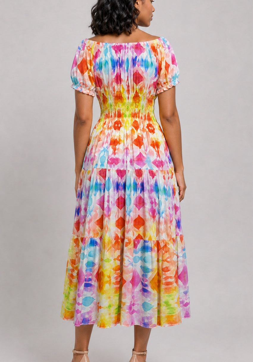 Off-Shoulder Tiered Midi Dress - Pink