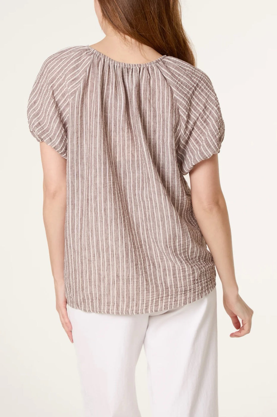 Striped Tie-Neck Peasant Blouse - Mocha (2)