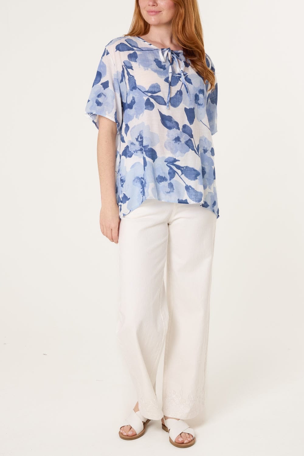 Floral Print Tie-Neck Blouse - Blue (2)