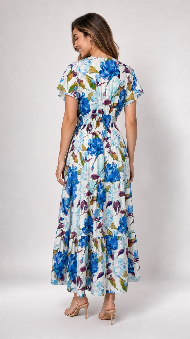 Maxi Dress with Flutter Sleeves and Shirred Waist - Blue (2)