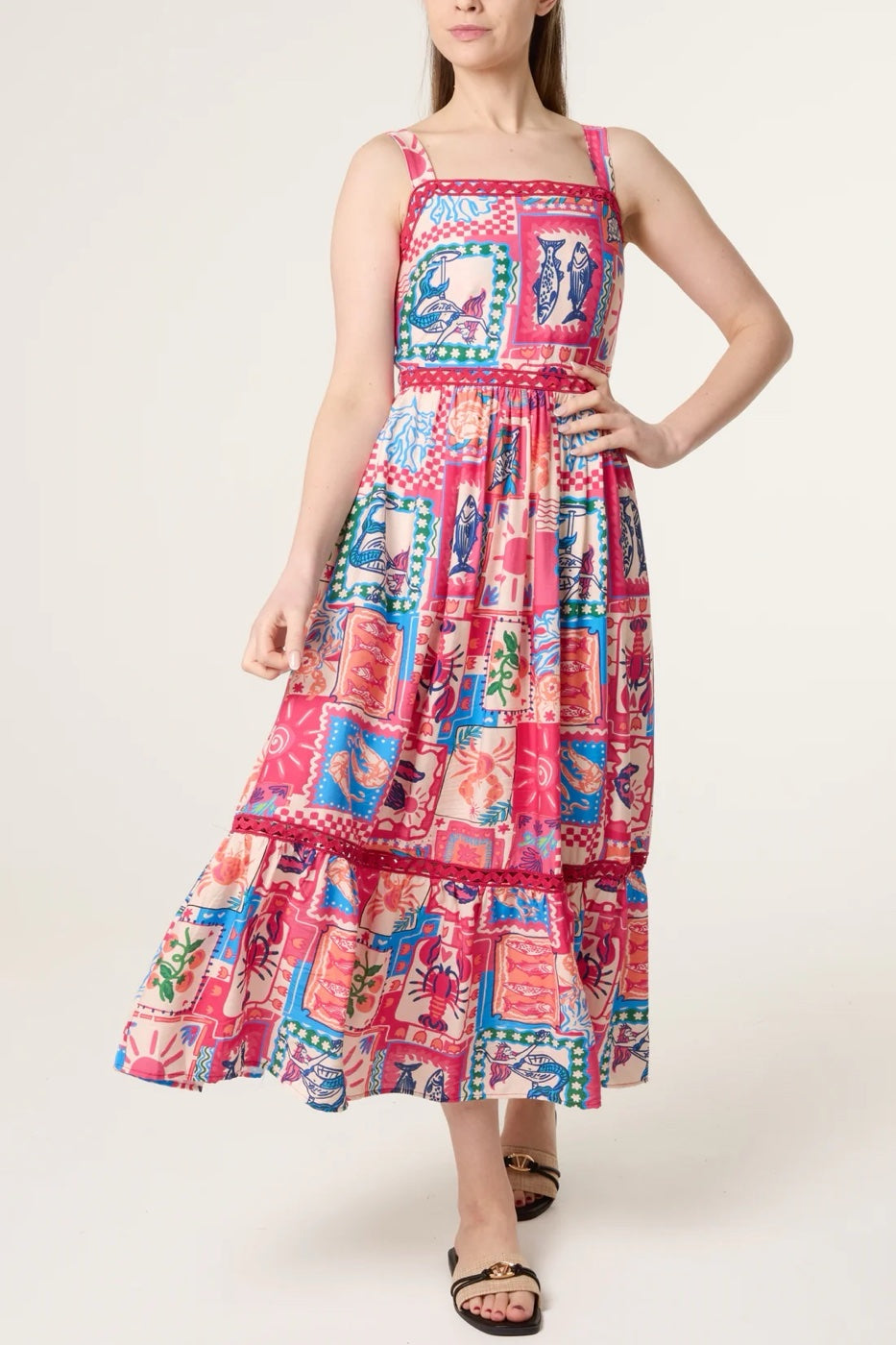 Seaside Patchwork Maxi Dress - Bright Pink