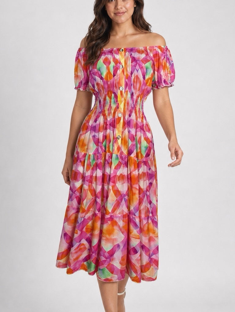 Off-the-Shoulder Shirred Midi Dress - Hot Pink