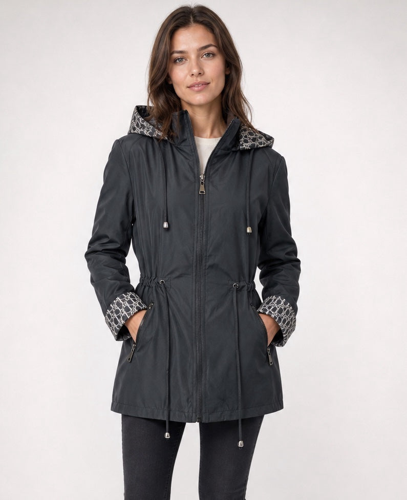 Hooded Drawstring Waist Jacket - Black
