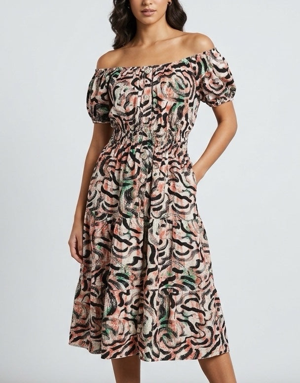 Printed Off-the-Shoulder Midi Dress - Red