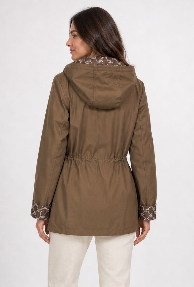 Hooded Drawstring Jacket with Patterned Accents - Chocolate (2)