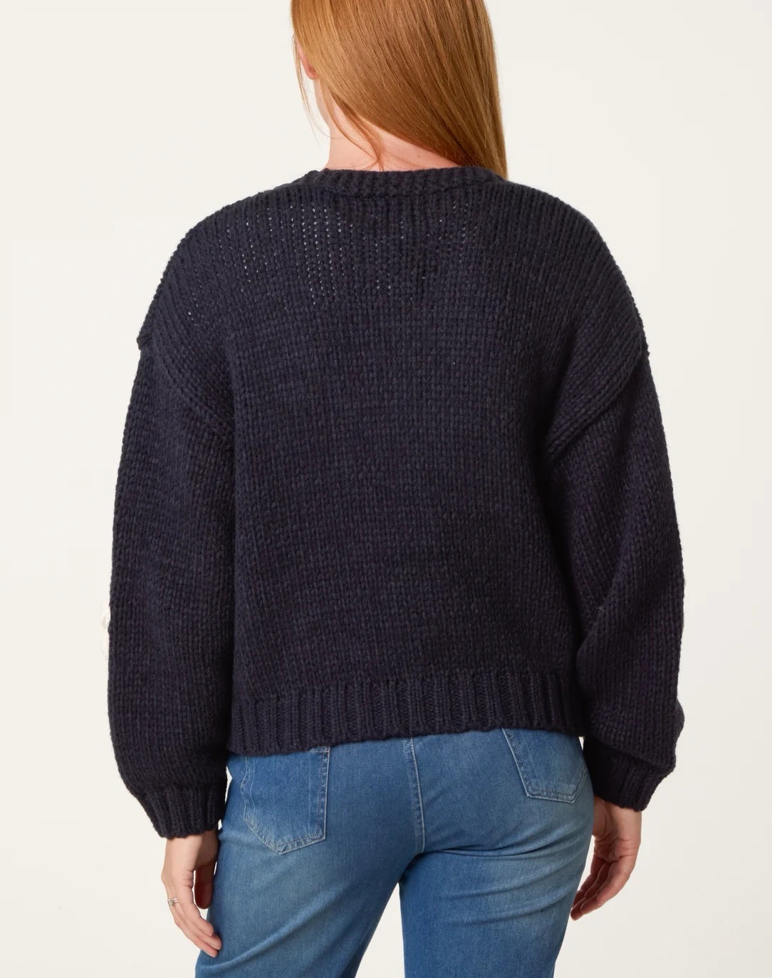 Floral Appliqué Chunky Knit Cardigan - Navy (2)