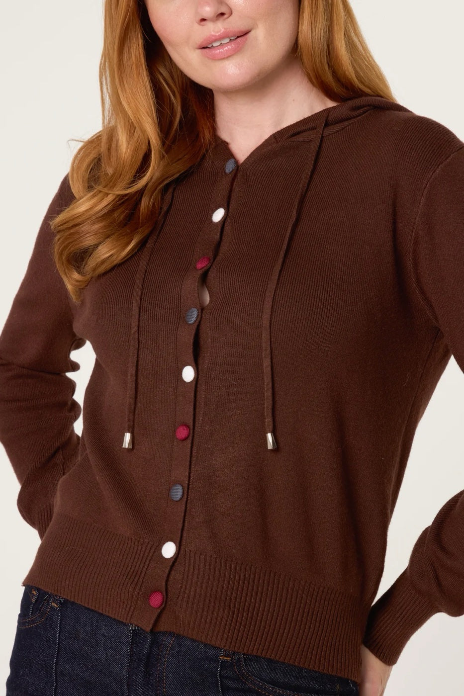 Knitted Hoodie Cardigan with Contrast Buttons - Chocolate