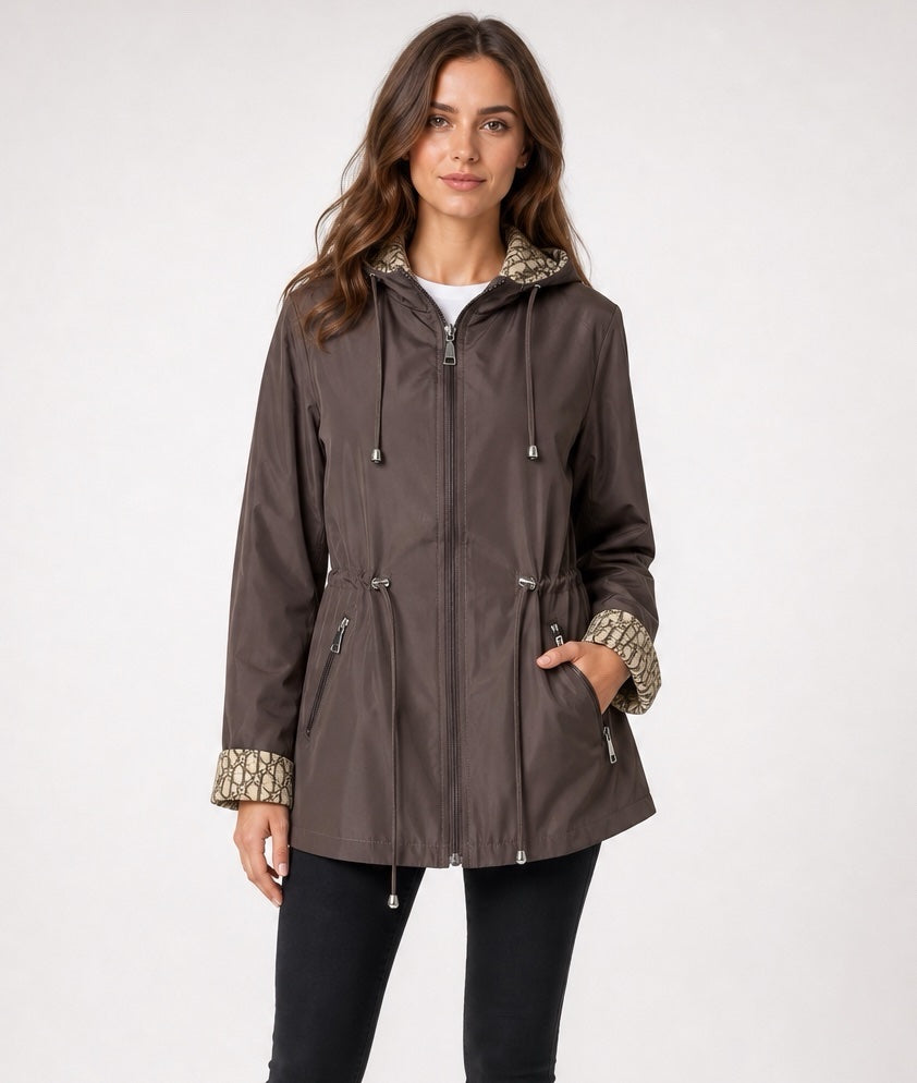 Chic Hooded Jacket with Patterned Lining - Chocolate
