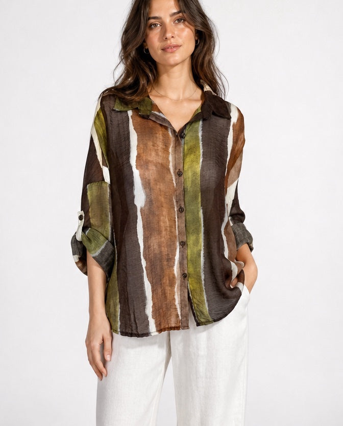 Vertical Stripe Print Blouse - Chocolate