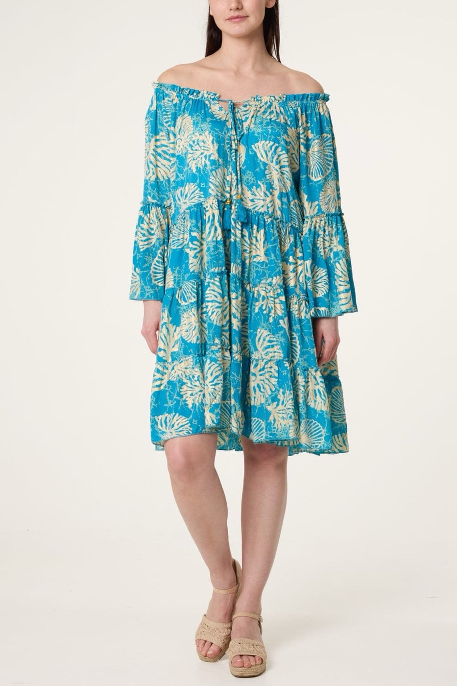 Off-The-Shoulder seashell print dress - Bright Blue
