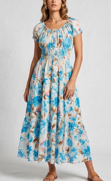Blue Flower Shirred Bodice Midi Dress - Deep Sky Blue